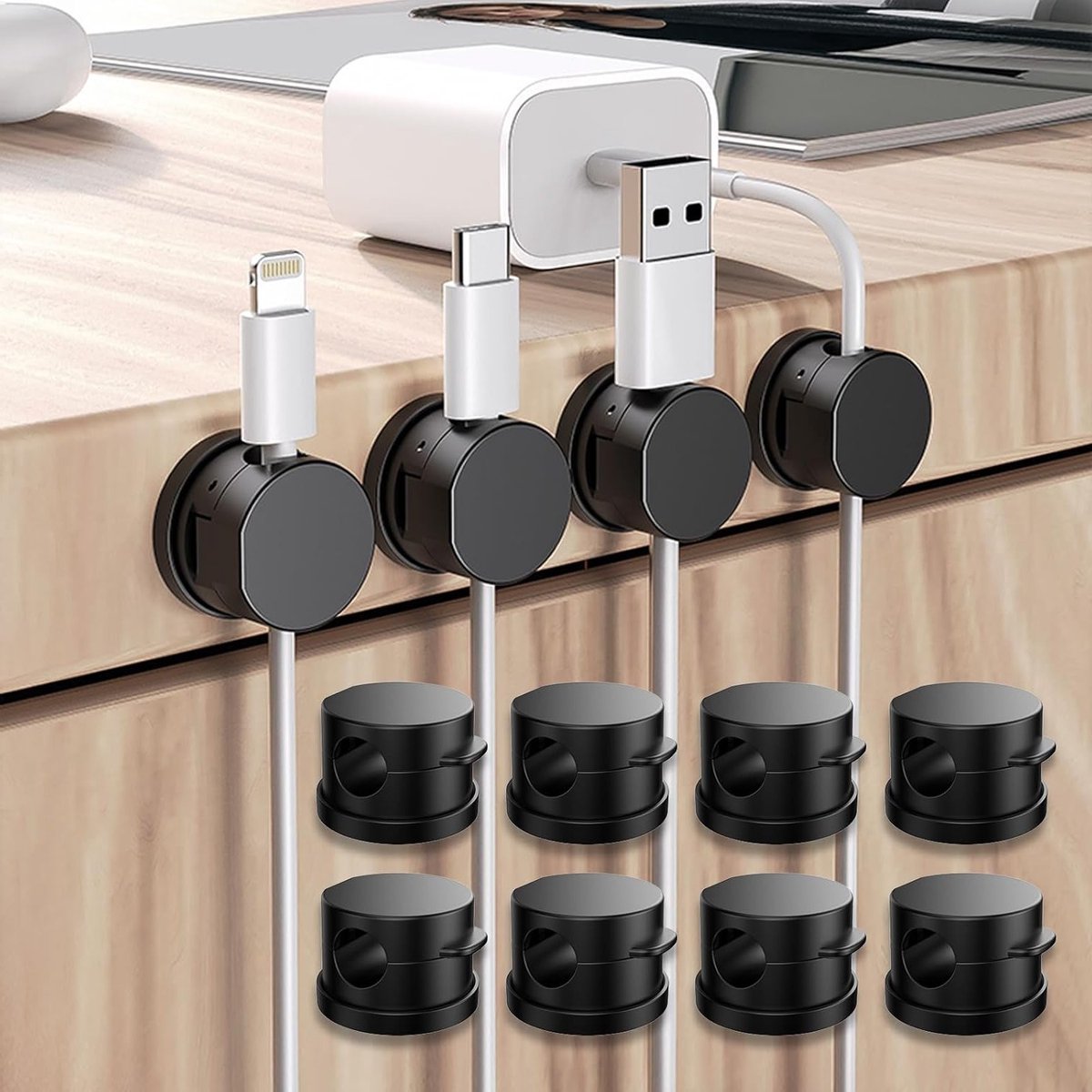 Magnetische Kabelhouder met Draaiende Basis voor USB Oplaadkabels - Kabelbeheer en Organisatie (Zwart, 12 Stuks)