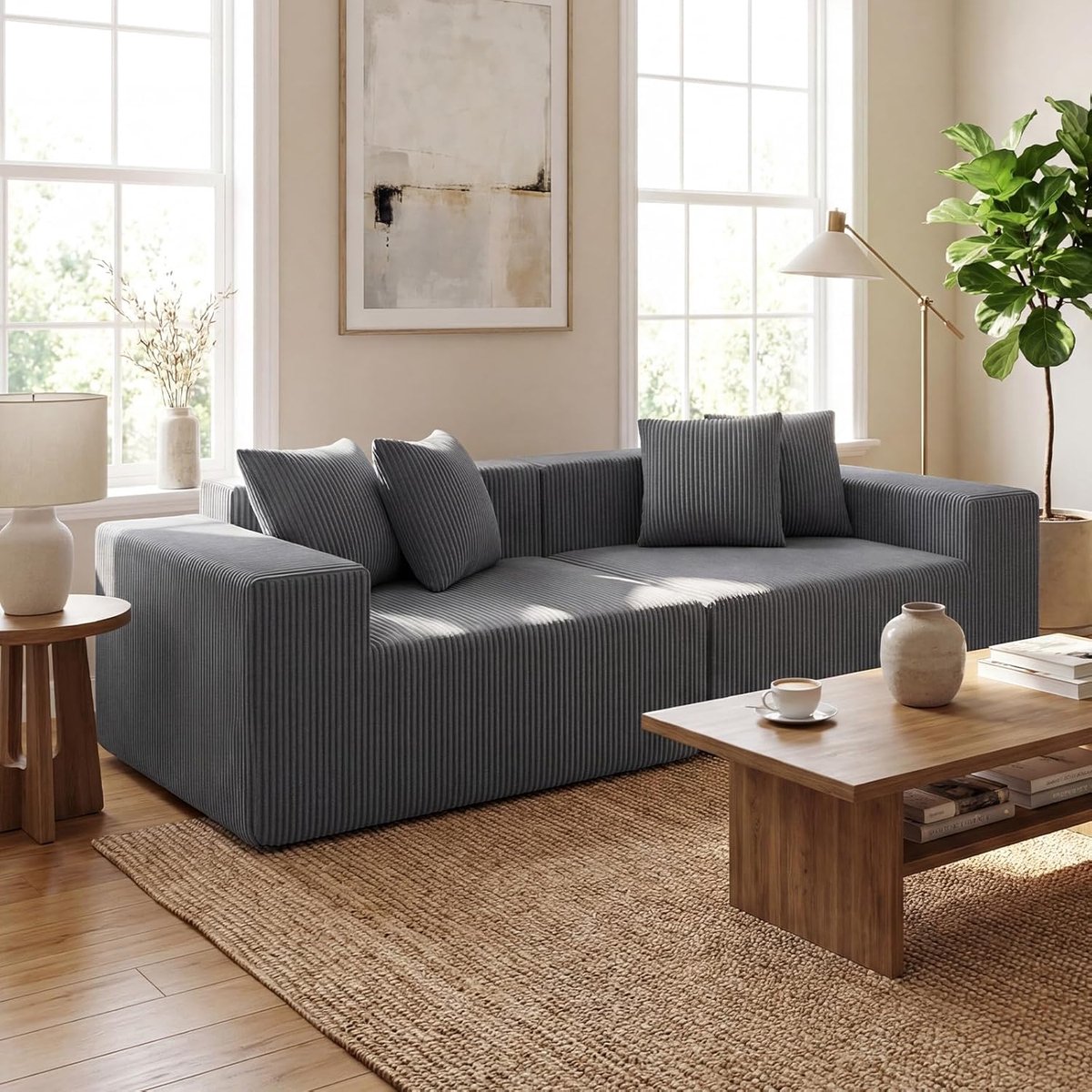 CloudComfort Luxe 2-3 Zits Vloerbank met Diepe Zitting, 204 x 89 x 64 cm, Corduroy Stof, Inclusief 4 Kussens, Geen Montage Nodig – Moderne Boneless Sofa voor Woonkamer & Slaapkamer