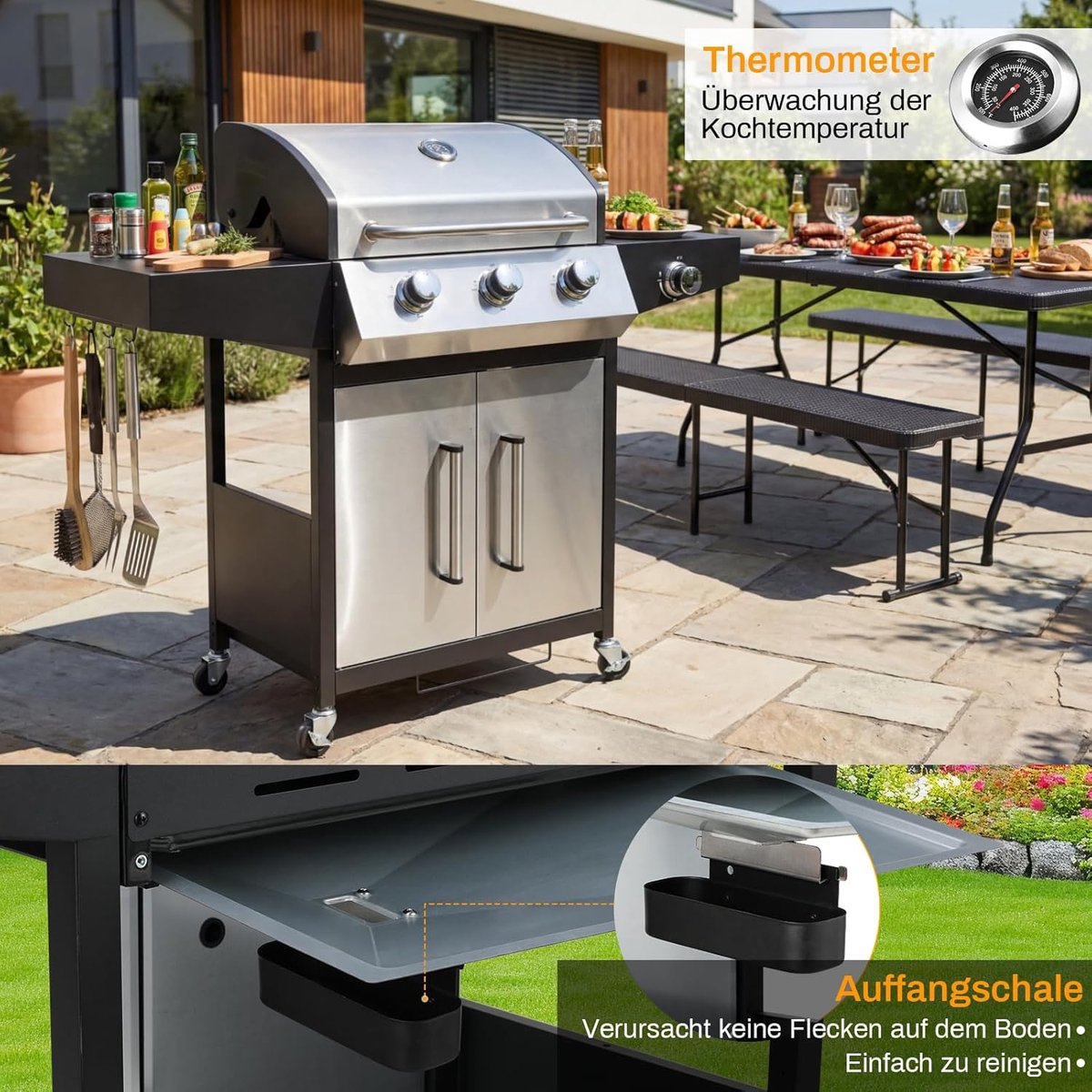 Gasbarbecue 3 Branders met Zijbrander 135 x 44 x 136 cm RVS BBQ Grillwagen met Thermometer, Warmhoudrek, Wielen en Deksel voor Tuin, Balkon, Camping & Terras - HomebyNicole