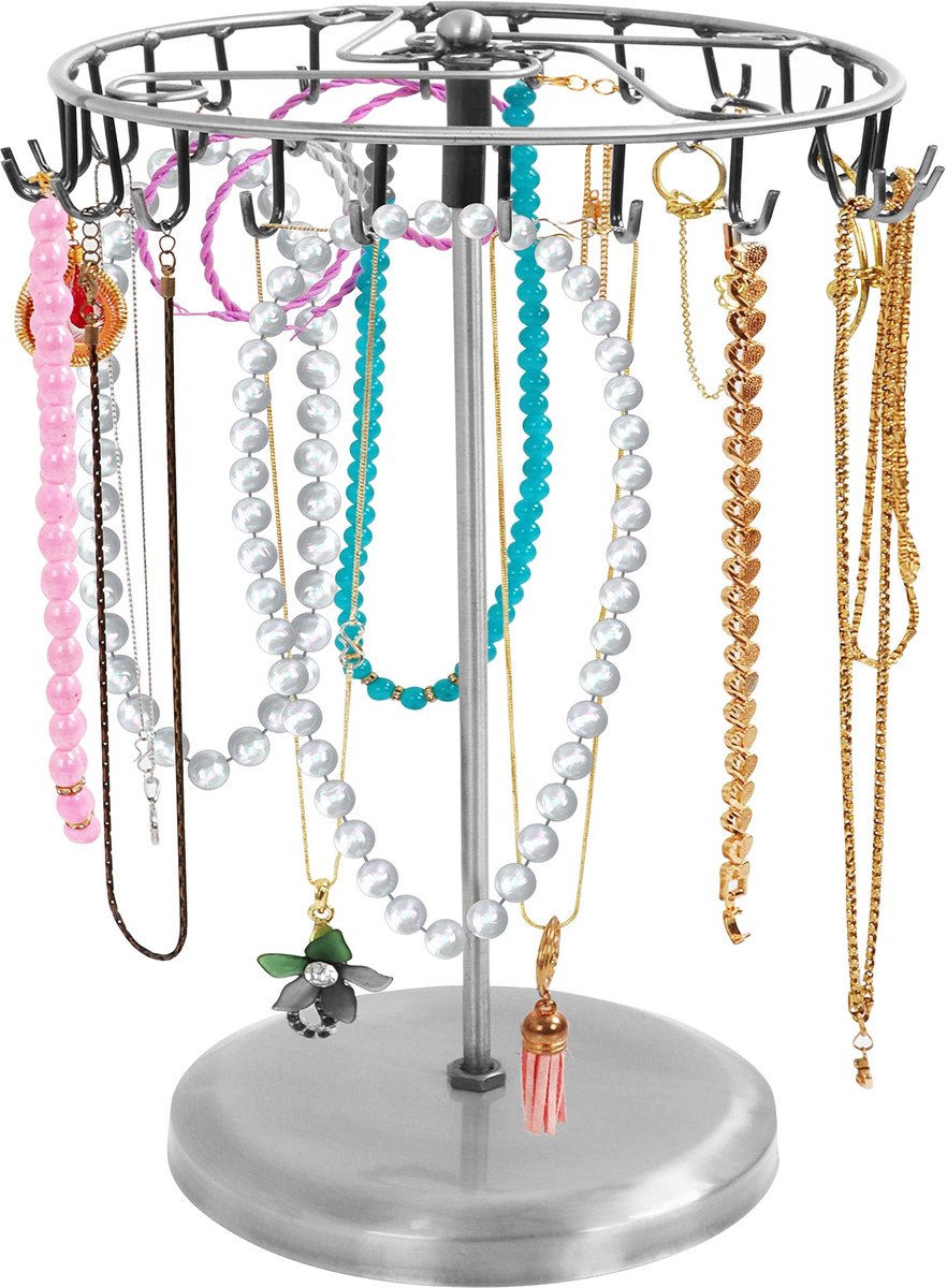 Allecto - Zilver Metalen Roterende Sieraden Houder - Hang Organizer Toren Rek - 23 Haken - 34,8 x 20,5 cm - Perfecte Organisatie - Geschikt voor D
