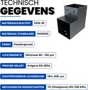 Technisch gegevens: Materiaalkwaliteit S235 JR, materiaalstandaard EN10025, finish poedergecoat, coatingdikte minimaal 60-120 µm, precisie gelast, zoutsproeinevel levensduur min. 500 uur, mechanische eigenschappen YS (vloeigrens) min 235 MPa. Metalen hoekverbinder.