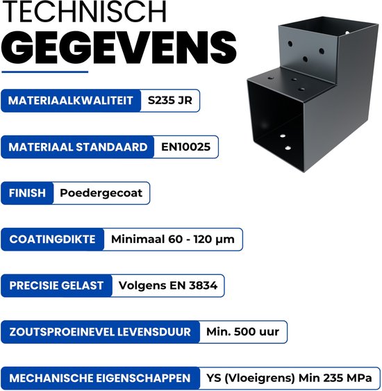 Technisch gegevens: Materiaalkwaliteit S235 JR, materiaalstandaard EN10025, finish poedergecoat, coatingdikte minimaal 60-120 µm, precisie gelast, zoutsproeinevel levensduur min. 500 uur, mechanische eigenschappen YS (vloeigrens) min 235 MPa. Metalen hoekverbinder.