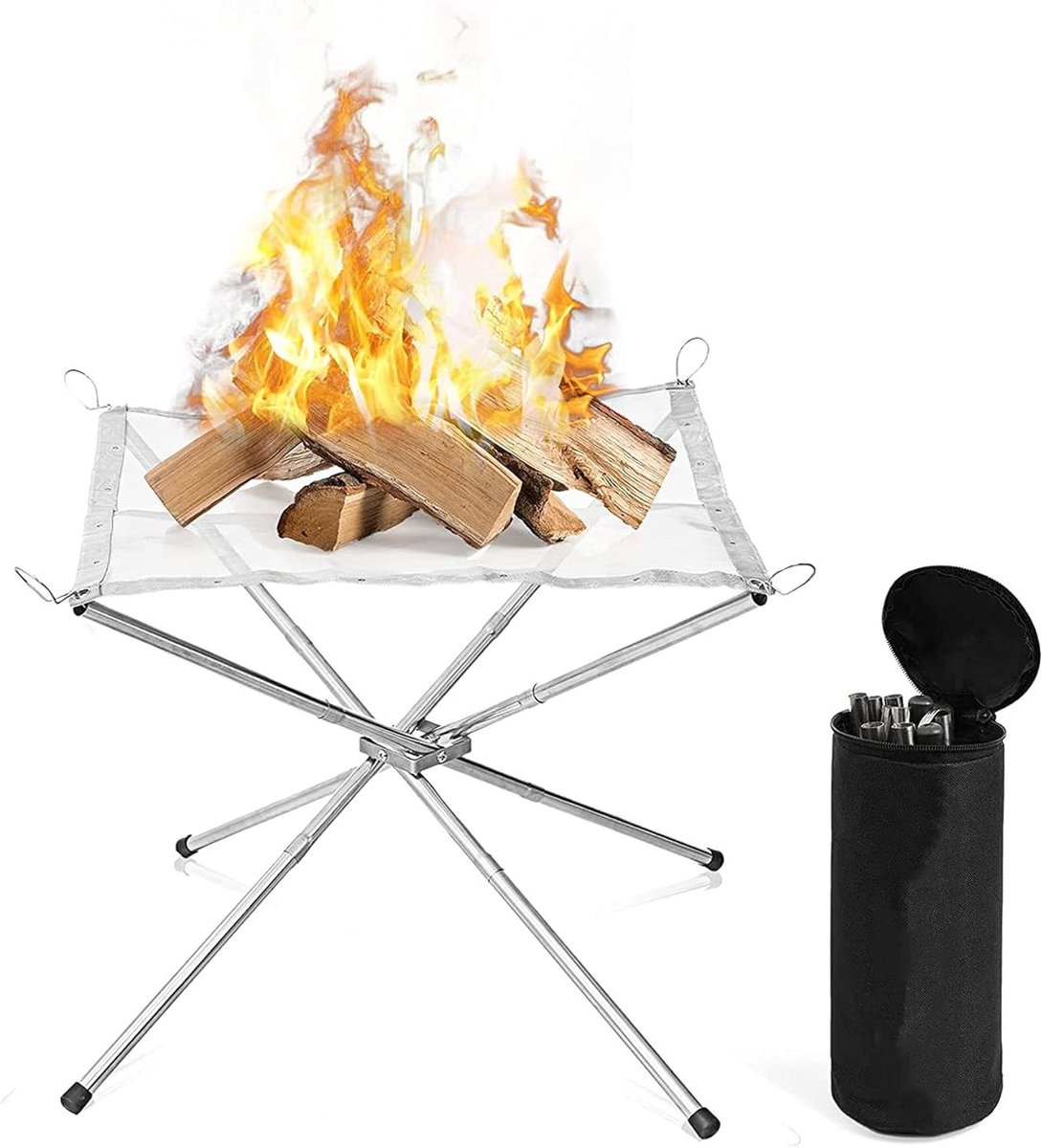 Outdoor Camping Fire Pit with Carry Bag - Foldable Stainless Steel Mesh and Stand for Camping, Backyard, Garden (22 * 22 Inch Silver)