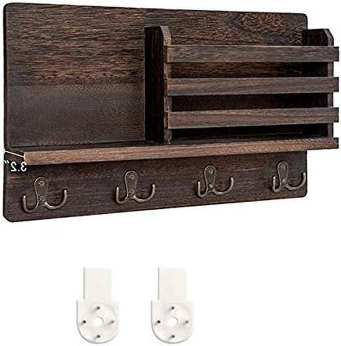 Wandrek met Haken - Post Organizer - Entree Opbergen - Drijvend Plankje - 42x25cm - Donkerbruin