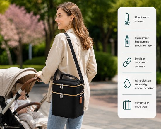 Geïsoleerde Baby Flessentas 11L met Koelelement - Dubbel Compartiment - Houdt Warm & Koud - Waterdicht - Verstelbare Schouderriem - Zwart — afbeelding 3