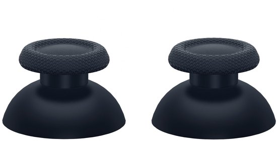 Twee zwarte thumbsticks met gladde, bolle basis en getextureerde bovenkant.