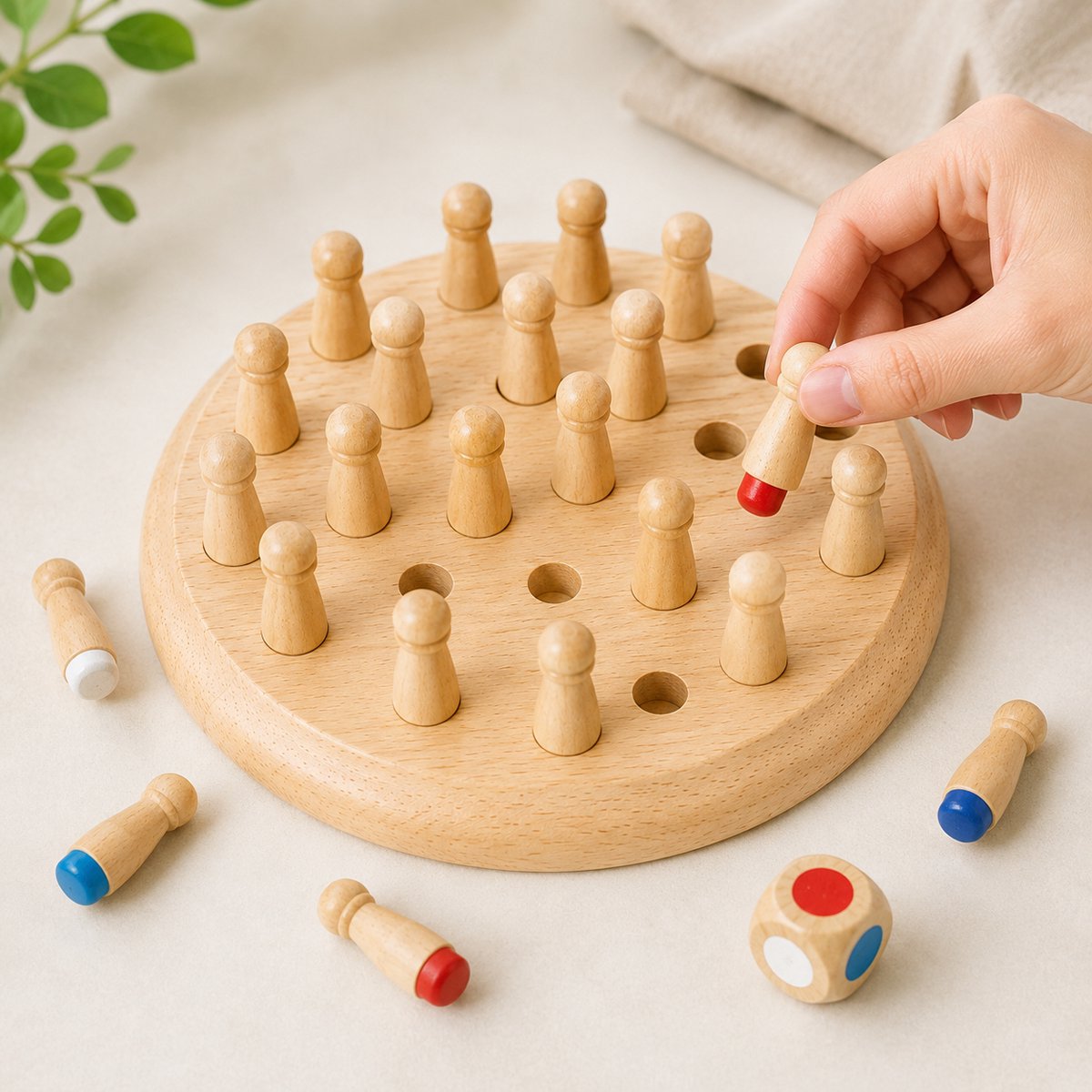 Houten geheugenspel met kleurendobbelsteen-kleurenspel voor jong en oud