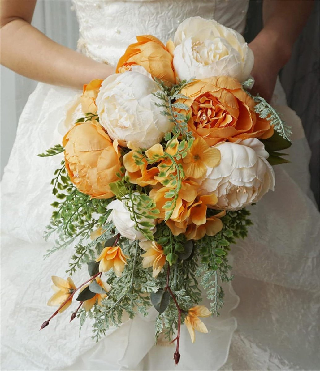 Kunstboeket - Zijden bloemen - Bruiloft decoratie - Handgemaakt ontwerp - Niet gespecificeerd - Wit oranje