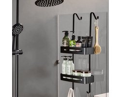 Doucherekjes - Doucherek - Anti kras twee laags poeder coating - Hangend - Zonder boren - Zuignappen tegen verschuiven en krassen - Extra hoge randen - Twee laags - Zwart