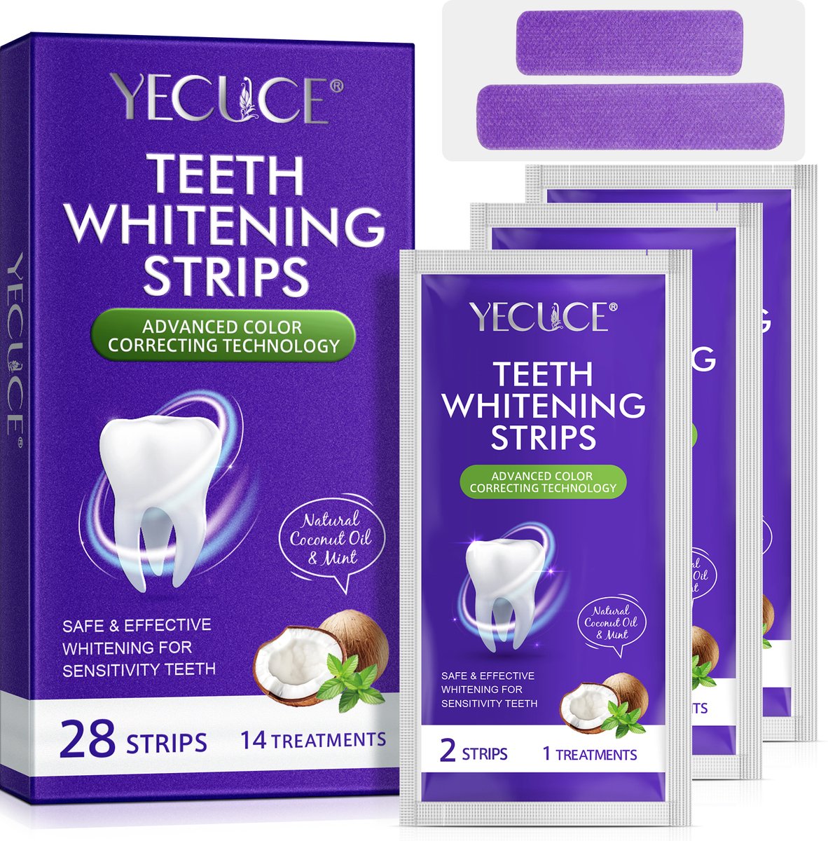 YECUCE Tandverzorgingsstrips met Kokosolie & Munt - 28 Whitening Strips - 14 Behandelingen - Voor Gevoelige Tanden