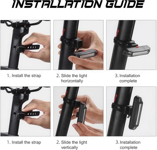 Achterlicht voor op de fiets, USB-C oplaadbaar, fietshelmverlichting, 6 lichtstanden, waterdicht, lange batterijduur, geschikt voor fietsen, mountainbikes, helmen, scooters, rugzakken, 2 achterlichten voor de fiets. — afbeelding 4