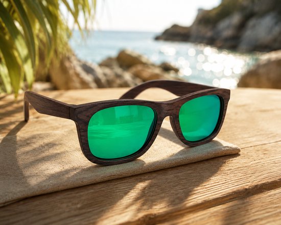 Woodtrend Corfu Houten Zonnebril - Wayfarer Zonnebril - Houten Sunglasses - Gepolariseerde Zonnebril - UV400 Bescherming - Groen Blauwe Spiegelglazen - Handgemaakte Eyewear - Duurzaam Houten Brilmontuur - Lichtgewicht Shades - Unisex Dames en Heren van Woodtrend — afbeelding 2
