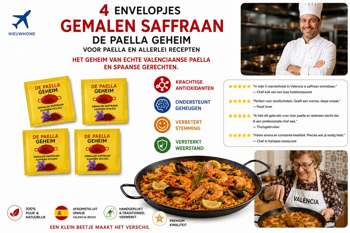 4 ENVELOPJES GEMALEN SAFFRAAN DE PAELLA GEHEIM VOOR PAELLA EN ALLERLEI RECEPTEN, HET GEHEIM VAN ECHTE VALENCIAANSE PAELLA EN SPAANSE GERECHTEN. KRACHTIGE ANTIOXIDANTEN, ONDERSTEUNT GEHEUGEN, VERBETERT STEMMING, VERSTERKT WEERSTAND.