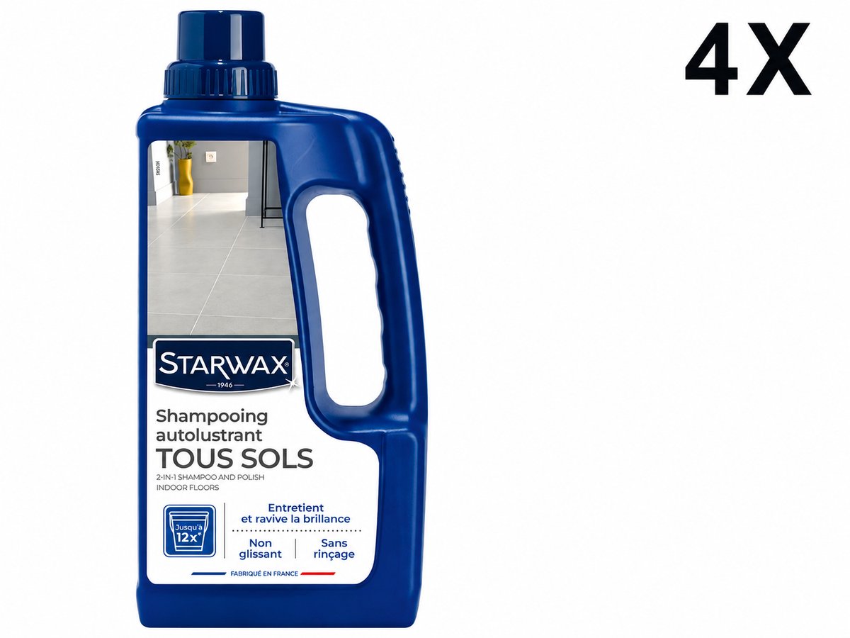 Starwax Zelfglanzende 2-in-1 Shampoo voor Binnenvloeren 1 Liter - Reinigt en Geeft Glans in Één Stap - Geen Spoelen Antislip - Made in France - Set van 4 Flessen (4 L Totaal) - Voordeelverpakking