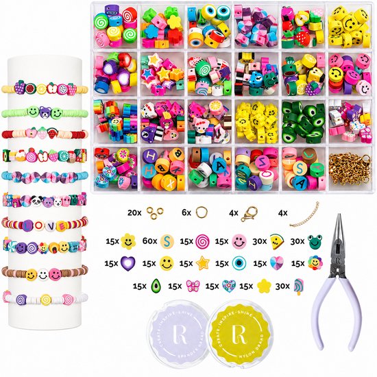 RICHLY® Kralen set Happy - Armbandjes maken meisjes - gratis E-BOOK - Complete set - Gouden RVS-accessoires - Sieraden Maken meisjes - Luxe verpakking - Knutselen Meisjes - Met 17 soorten polymeerkralen - Kralenketting - Bedels - Knutselen meisjes