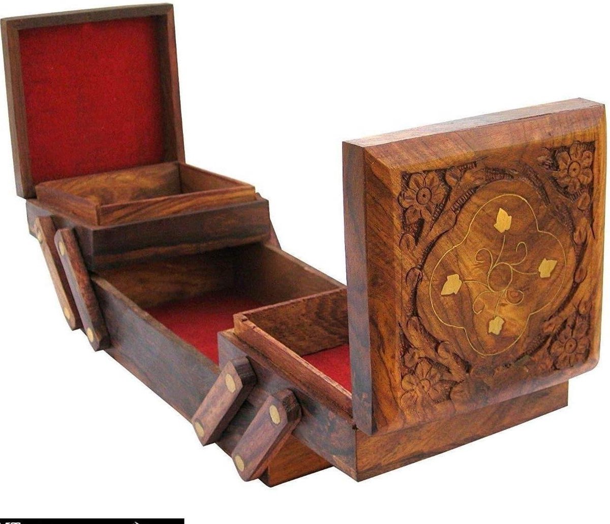 Houten Sieradendoos - Antieke Opberger - Sieraden Opbergen - Handgemaakt Design - 8 inch Lengte - Bruin