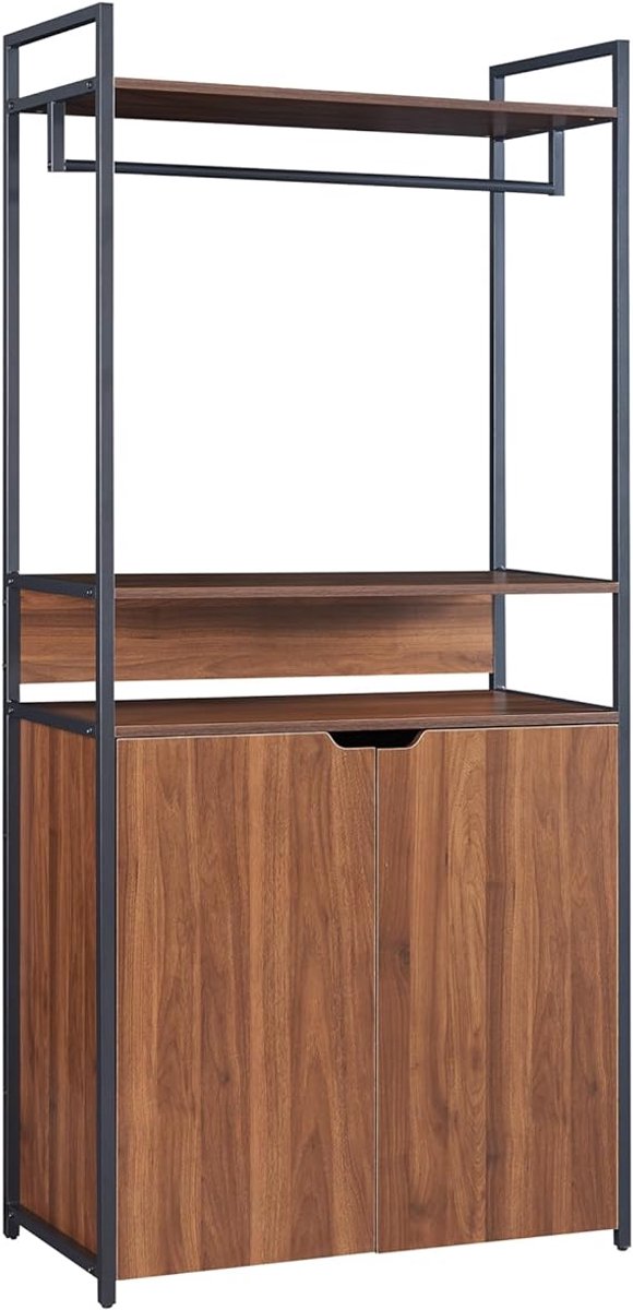 Open Garderobekast Kapstok Set van 3 – 252 cm Breed – Metalen Frame & MDF – 3 Kledingstangen, 4 Laden, 6 Open Vakken & Kast – Staande Kledingstandaard Industriële Look Walnoot/Zwart – 40x84x180 cm