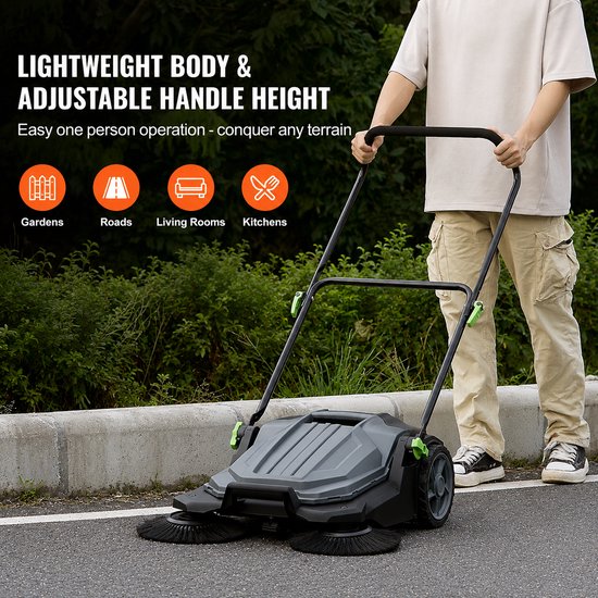 Handveegmachine - Handmatige Vloerveegmachine - Tuinveger voor Binnen en Buiten - 65 cm Veegbreedte - 19 Liter Opvangbak - Verstelbare Opvouwbare Duwbeugel - Kunststof en Metaal - Voor Oprit Garage Werkplaats en Terras — afbeelding 5