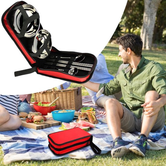Reisbestek Set - Kampeer Servies - Buiten Eten - Roestvrij Staal - 1 Set - Rood — afbeelding 3