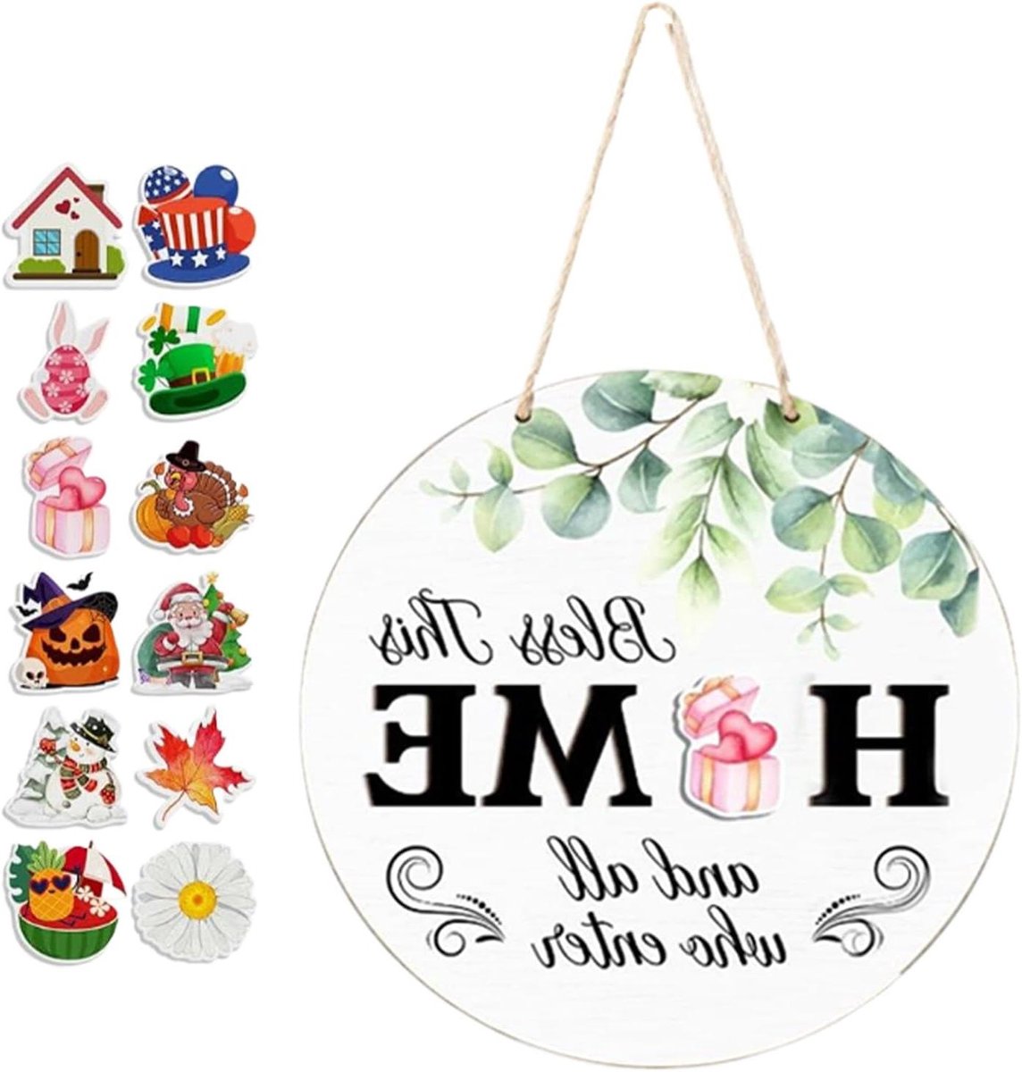 Deurbord Hout - Welkomstbord Verwisselbaar - Huis Decoratie - Veelzijdige Seizoensdecoratie - 30 cm Rond - Wit