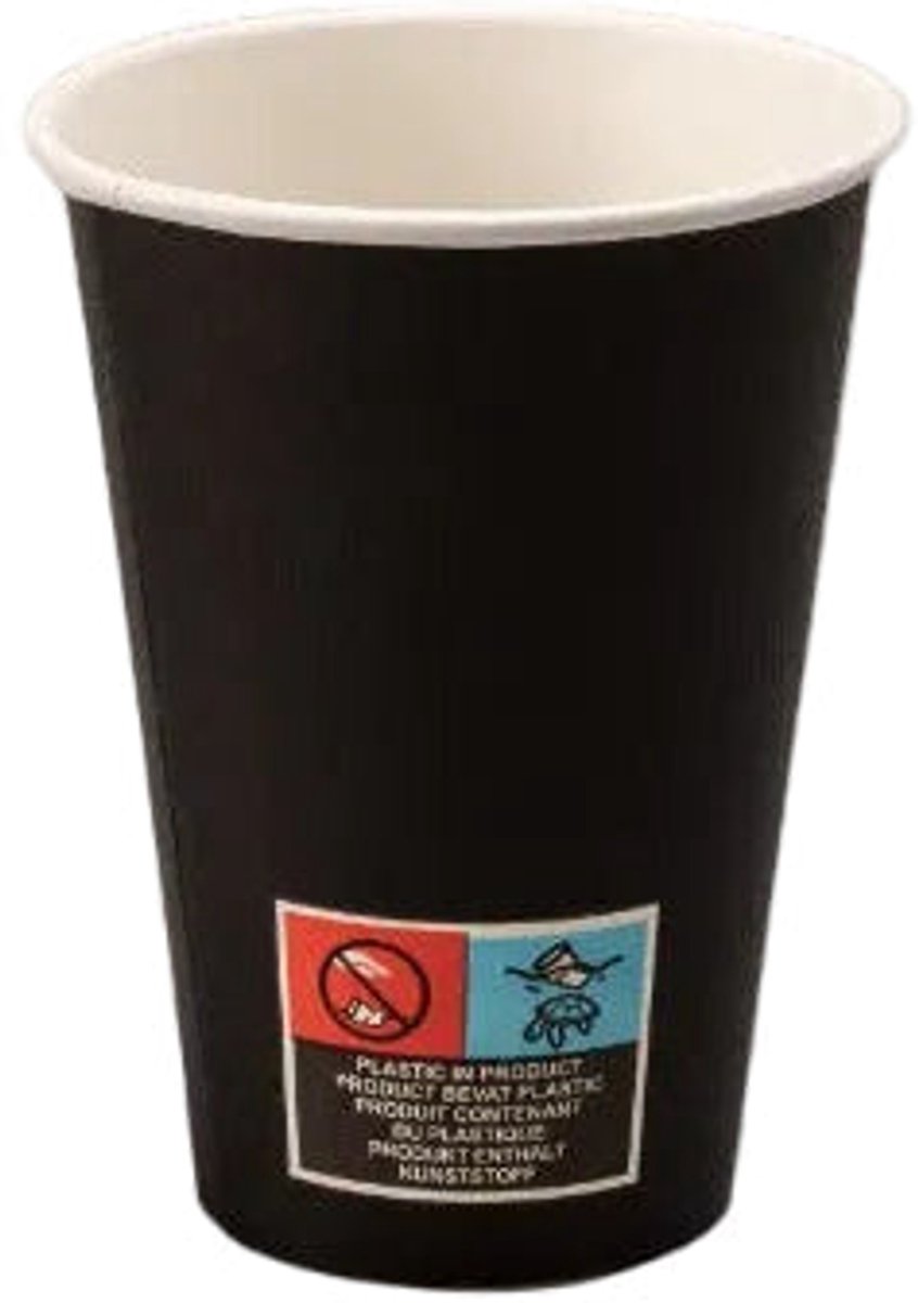 1000x Koffie beker karton Zwart 360ml - XL beker - Roer staafjes koffie limonade beker melk suiker hout festival thema feest verjaardag werk lepel- Lasentopack