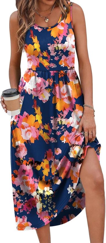 LIAMERHE Zomerjurk voor dames, lange maxi-jurk met zakken, mouwloos, ronde hals, strandjurk, boho, bloemenpatroon, vrijetijdsjurk, A-lijn, voor vakantie, party, dagelijks gebruik