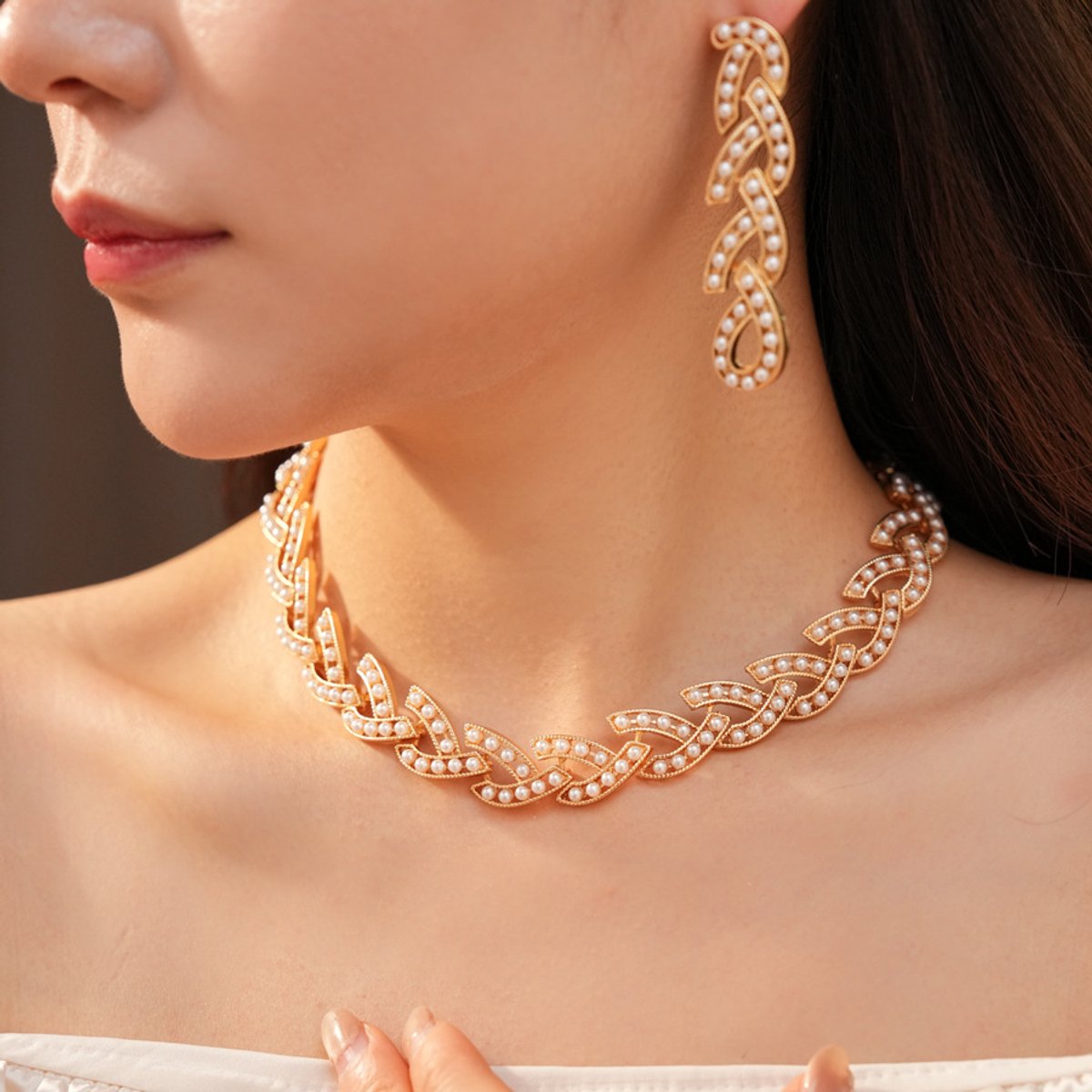 Sieradenset / Vintage geometrische parelketting en oorbellen set / prachtige en elegante retro sleutelbeenketting en oorbellen set