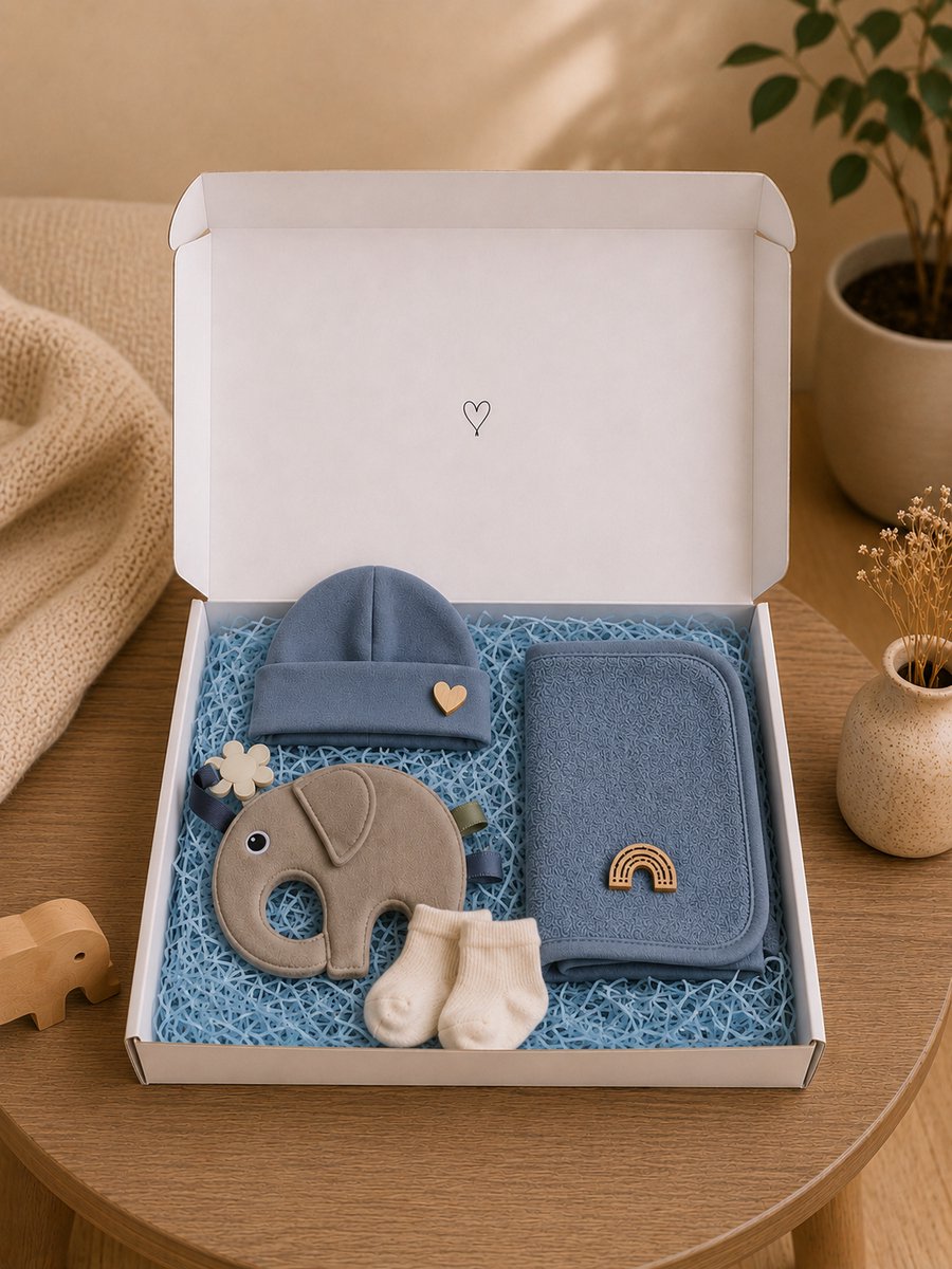 Blijeitje - Kraamcadeau Jongen – Babyshower Cadeau & Gender Reveal Gift Box – Baby Cadeau Set met Mutsje, Sokjes, Spuugdoekje & Tutpop Blauw