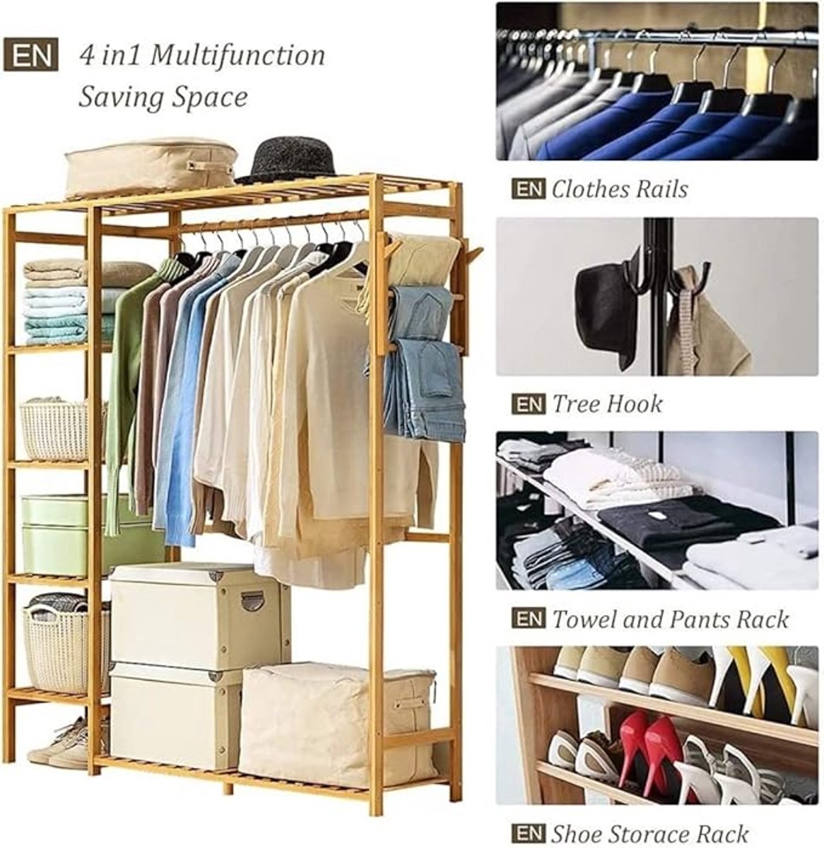 Garderoberek met Schoenenrek en Opbergbank 149 x 147 cm – Vrijstaande Kapstok met Kledingstang, Halboom en Entree Organizer voor Slaapkamer, Gang en Kantoor – Blauw/Hout – foto 4