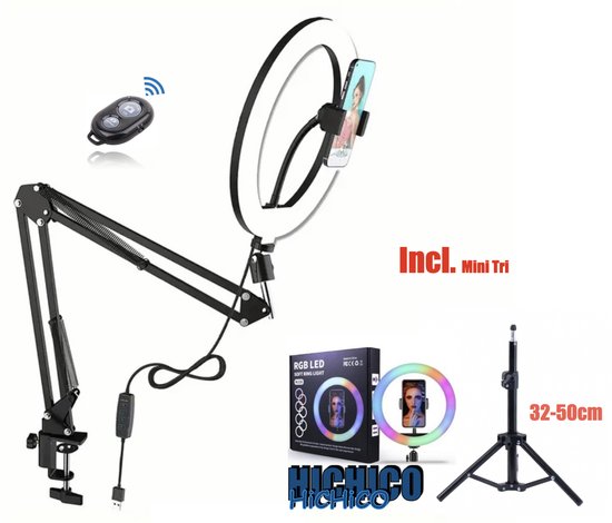 RGB Ringlamp met tafelklem & Tafel tripod – Ringlamp Met Telefoonstandaard en Mini Tripod voor Livestreamen & Vloggen – Arm Standaard Met Lamp - Selfie - Ringlamp - Tik tok - Make