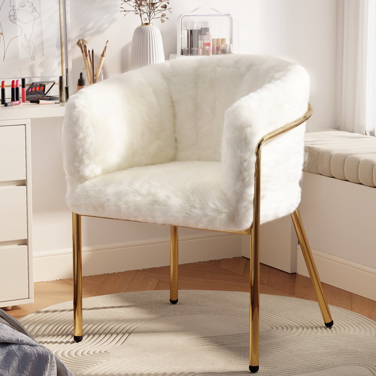 Eetkamerstoel - 1 Stuk - Vrijetijdsstoel Ankleide Stoel - Licht Luxe - Vier Metalen Poten - Kaninchen Bont Imitatie - Wit - WF317938AAB
