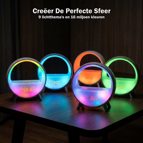 Inga® Smart Wake Up Light met zonsopgang simulatie, draadloos oplader, en bluetooth speaker| Automatische tijdinstelling | Wifi | Zet de toon met 9 omgevingssferen en 4 natuurlijke geluiden
