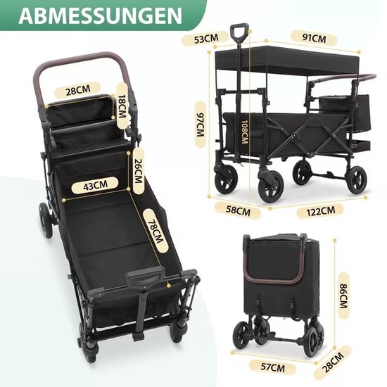Opvouwbare Handkar met Dak 100kg 150L - Wielen met Rem, Verstelbaar Handvat - Voor Familiecamping, Winkelen en Tuinieren-Zwart. — afbeelding 3