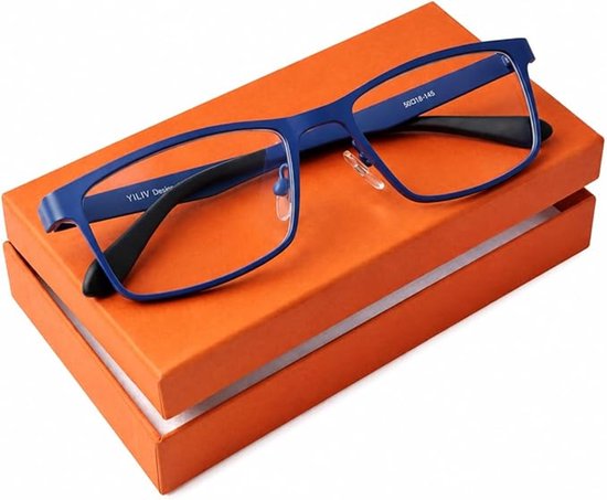 Blauwe metalen bril met rechthoekige glazen, liggend op een oranje brillendoosje. "YILIV Design 50318-145".