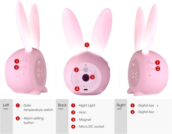 LED-nachtlampje - Nachtlampje met wekker - Cartoonkonijn - Kinderwekker met nachtlampje - 6 beltonen, schattige roze konijnenwekker voor kinderen - Aanraakbediening en oplaadbare slaaptrainer voor de slaapkamer van jongens en meisjes van Roze — afbeelding 5