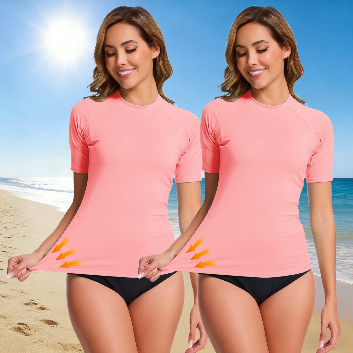 MEETYOO 2 Pack Zwemshirts Dames Korte Mouwen UPF 50+ Zonbescherming Sneldrogend Rash Guard Surfshirt Roze M