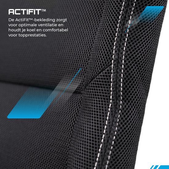 Gedetailleerde close-up van de textuur van de zwarte ActiFit™ bekleding van een racekuipstoel met witte stiksels