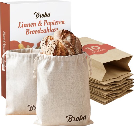 Foto: Broodzak set voor broodbakken met 2x herbruikbare linnen broodzakken en 10x broodzakken papier voor zelfgebakken brood