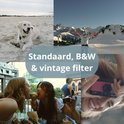 Collage van een hond op het strand, een persoon op een besneeuwde berg, twee meisjes die ijs eten en een persoon die een rode camera vasthoudt.