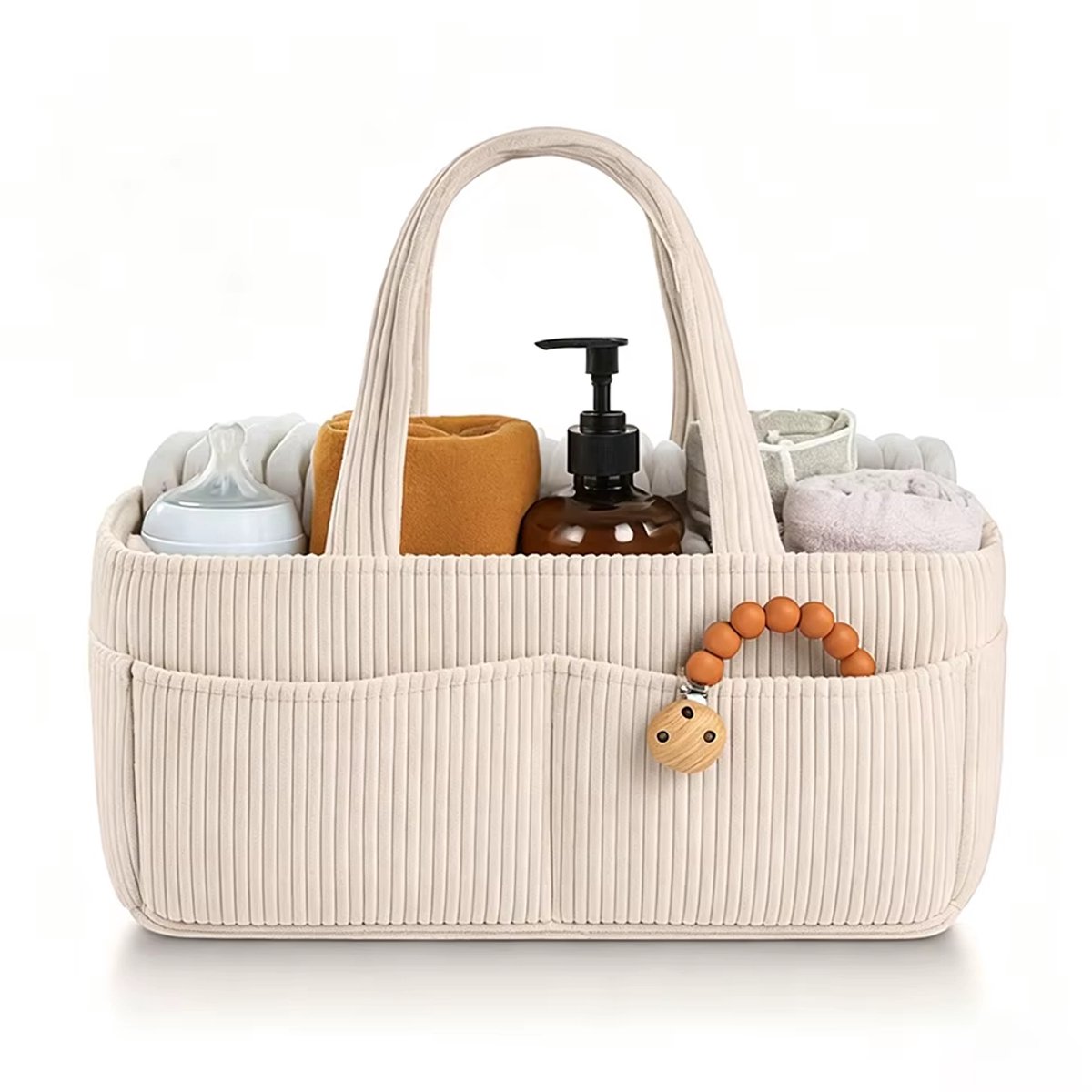 Luiertas, opbergmand, ruime corduroy luiertas, draagbare tas voor moeder en baby (gebroken wit)