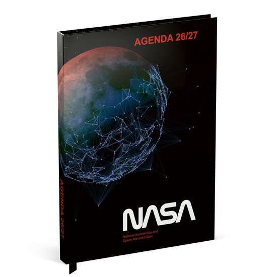 Agenda 26/27 met NASA logo en afbeelding van een maan met een netwerk van lijnen.