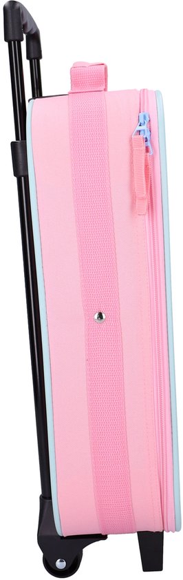 Zijkant van een roze Hello Kitty koffer met ritssluiting en lichtblauwe bies.