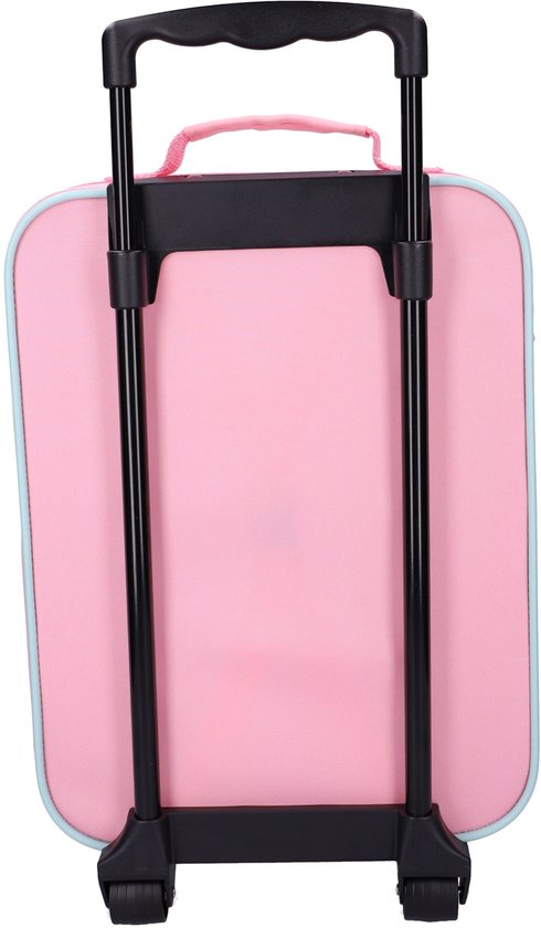 Achterkant van een roze Hello Kitty koffer met uittrekbaar handvat en wielen.