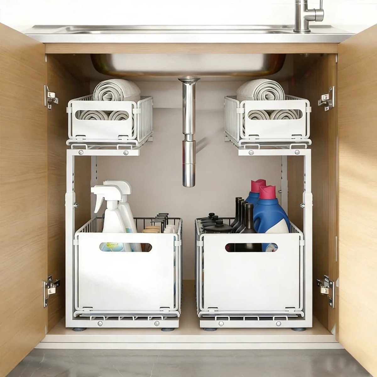 SOUQONE - Dailygoods 2-delige uittrekbare organizer met schuifladen, verstelbare hoogte, opbergrek onder de gootsteen voor keuken