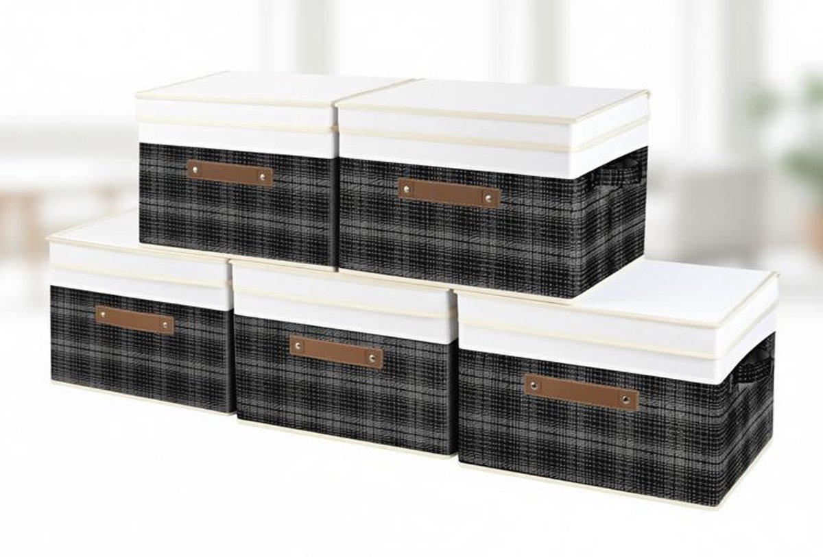 ElleMooi Opvouwbare Opbergdoos met Deksel, Patchwork Patroon, Set van 5, 38x25x25 cm, Zwart