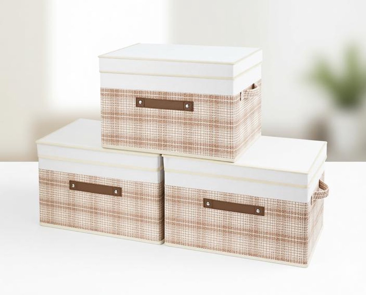 ElleMooi Opvouwbare Opbergdozen met Deksel - Set van 3, 38x25x25 cm, Lichtbruin