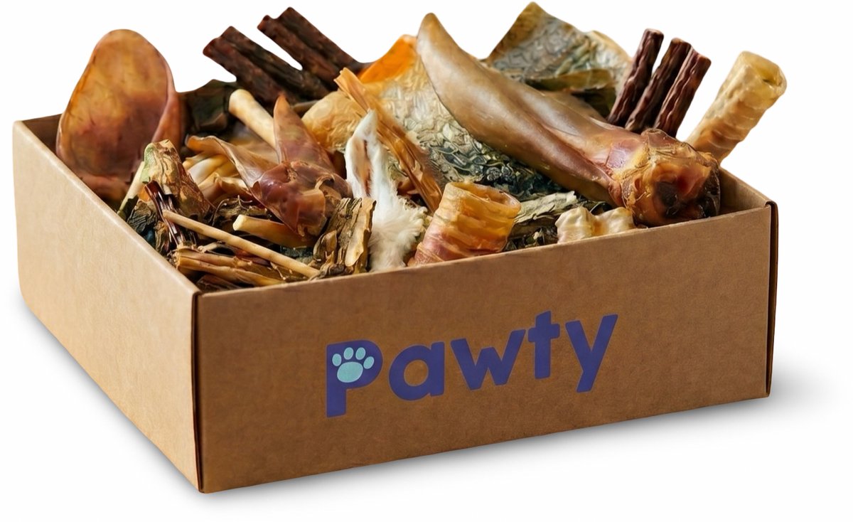 Pawty - Snackpakket Hond 100% - Natuurlijke Snacks - Kauwstaaf Hond - Nekspier - Buffellong - Buffalo Oren - Pens - Pensstaaf - Vishuid - Gedroogde Hondensnacks - Gezonde Hondensnacks - Voordeelpakket
