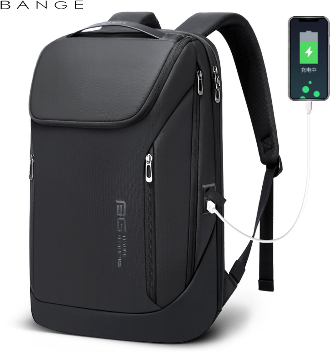 CarryQuest® - BANGE Laptop Rugzak 15.6 inch - Zakelijke Business Backpack met USB Oplaadpoort - Waterafstotende Rugtas met Laptopvak, Anti-Diefstal Vak, Trolleyband & Organizer - Zwart