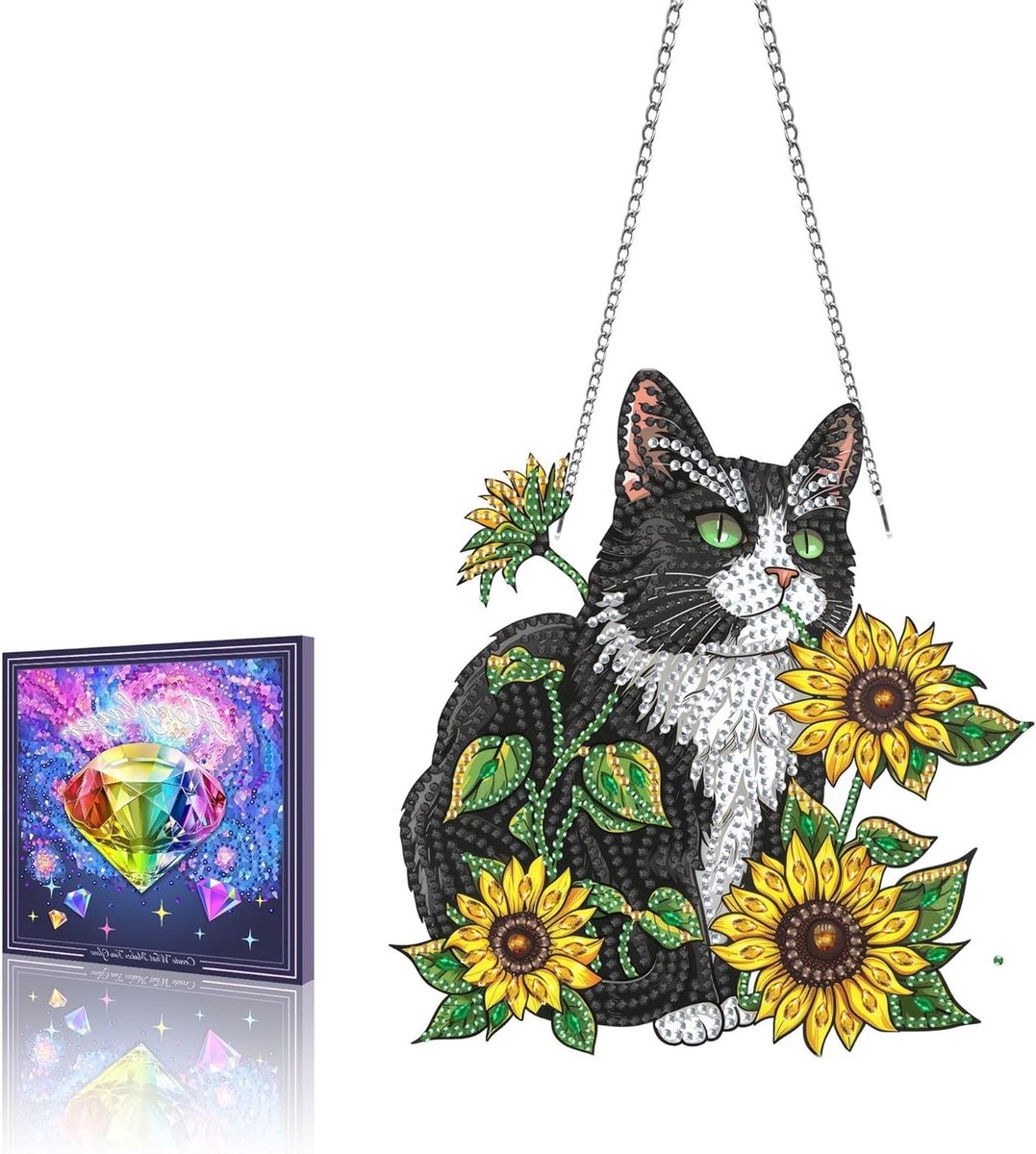 Diamond painting pendant set - 5D kat met zonnebloem - voor wanddecoratie - creër een sprankelende sfeer - ShopVlot