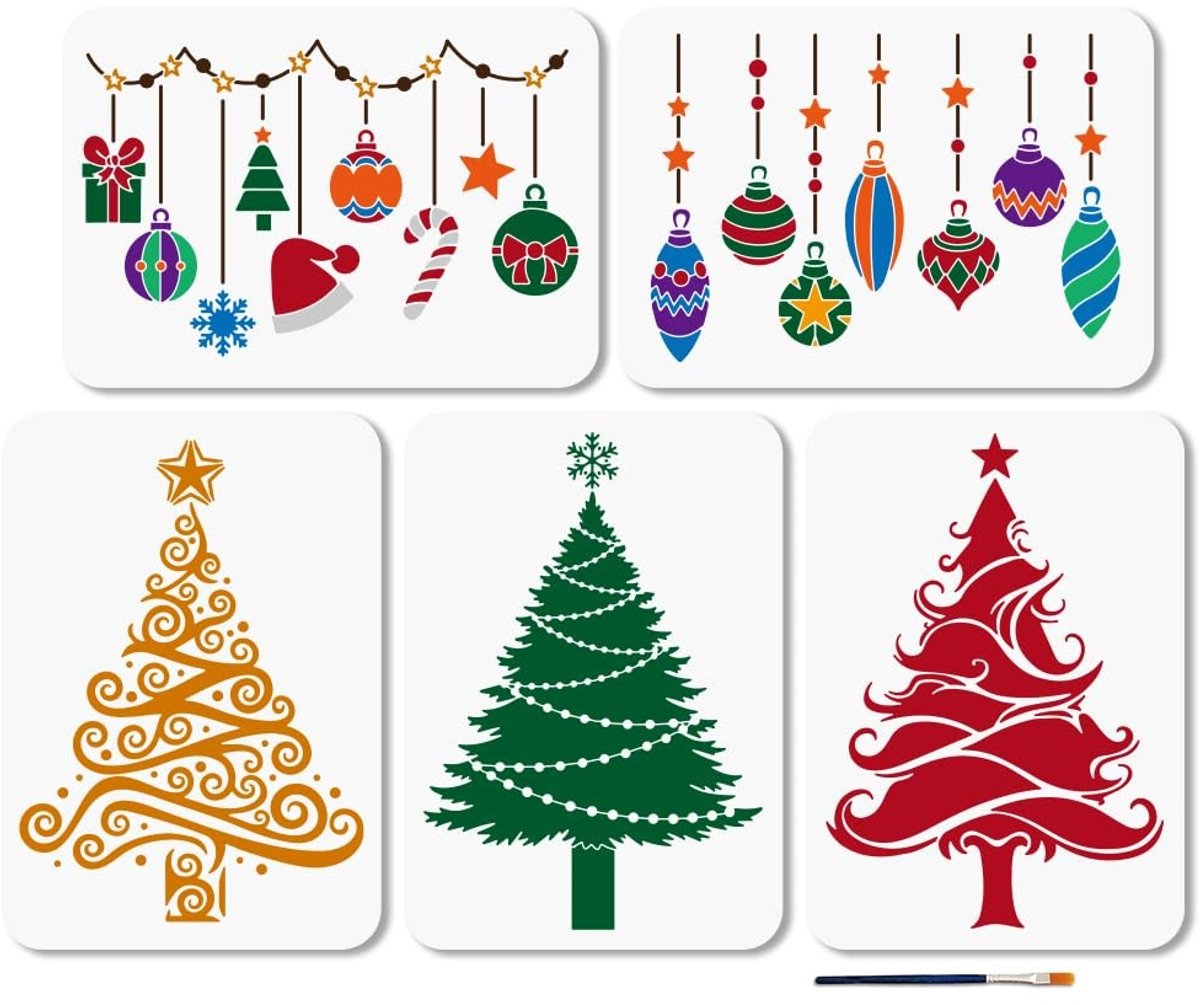 Dailygoods- Lichtballensjabloon Set van 5 - Schilder Sjablonen - Kerstdecoratie - Kunststof - 29,7 x 21 cm - Inclusief Penseel - Schildersjablonen